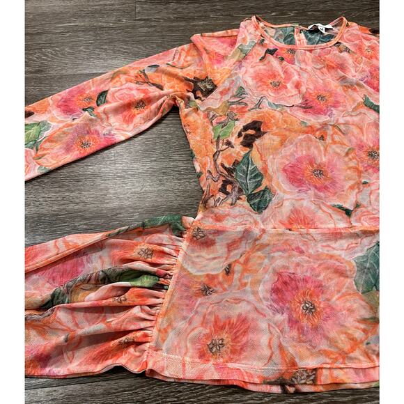 Ala Von Auersperg Mesh Top Taj Floral Print Sheer Long Sleeve Tie Waist Pink M - Picture 8 of 16